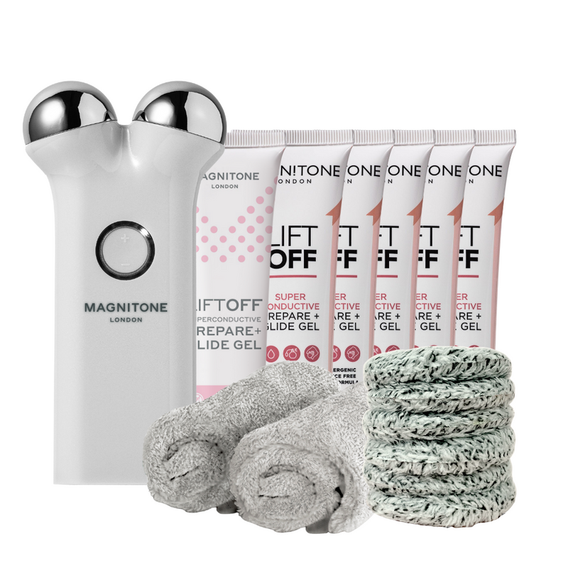 MAGNITONE London LiftOff Microcurrent Facial Toning Device Full Launch Starter Kit Website Exclusive (Grey) includes 6 month's worth of Superconductive Gel, WipeOut Bamboo Microfibre Cleansing Cloths and Cleansing Pads - white background