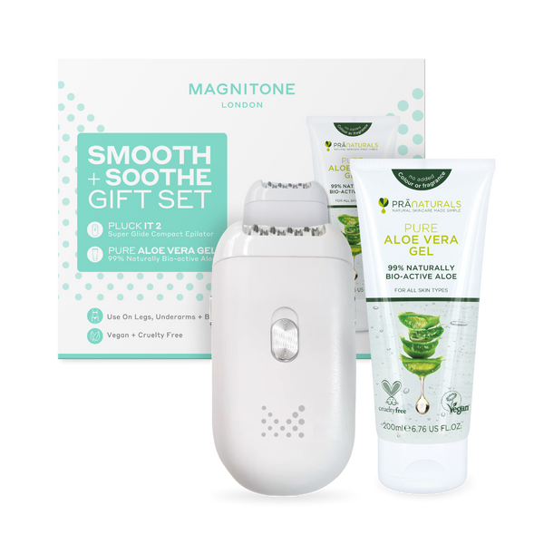 MAGNITONE Pluck It 2 Smooth + Soothe Duo Gift Set with Box | Super Glide Epilator + PraNaturals Aloe Vera Gel - Highly Commended in the Global Green Beauty Awards 2022