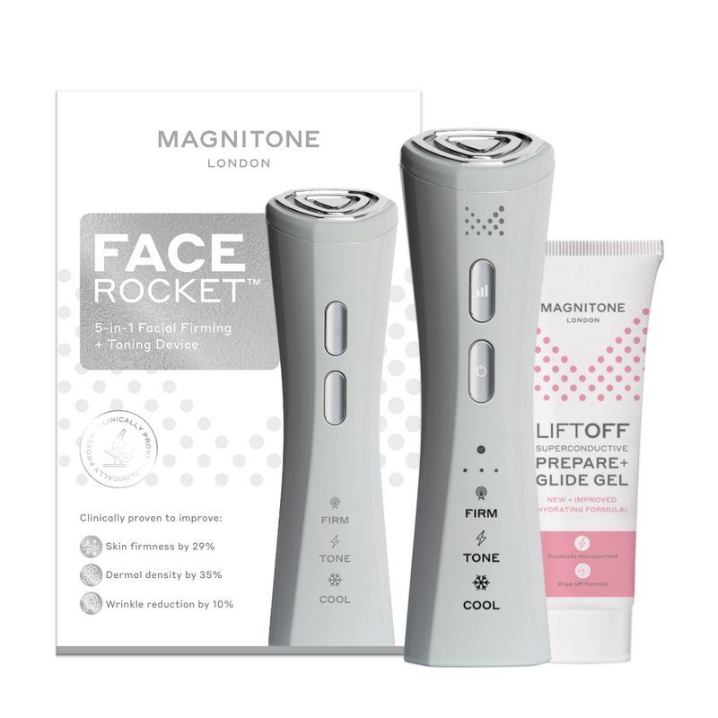 MAGNITONE FaceRocket 5-in-1 Facial Firming + Toning Device | with box and LiftOff prepare + glide gel (white background)