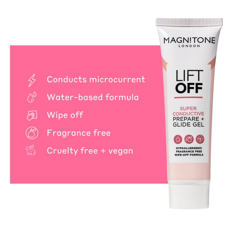 MAGNITONE LiftOff Superconductive Prepare + Glide Gel conduct microcurrent, uses a water-based formula, is wipe off, fragrance free, cruelty free and vegan