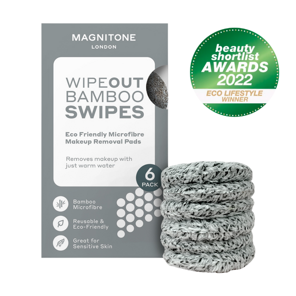 MAGNITONE London WipeOut Bamboo Swipes Eco Friendly Bamboo Microfibre Makeup Remover Pads no background with box beauty shortlist eco lifestyle winner 2022