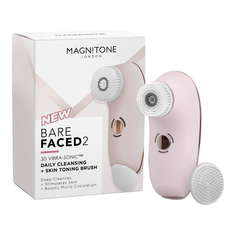 MAGNITONE BareFaced2 Vibra-Sonic Cleansing Brush - Pink/Regular with box. White Background.