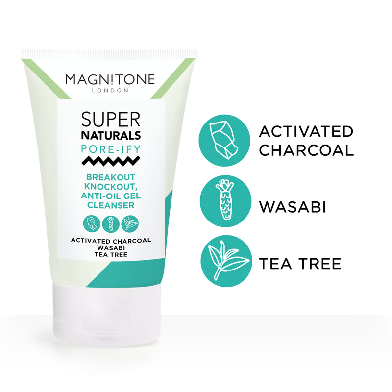 Magnitone SuperNaturals Pore-ify gel cleanser with ingredients activated charcoal, wasabi and tea tree