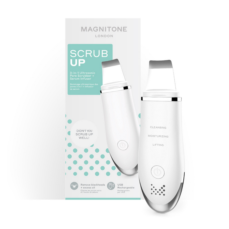 MAGNITONE Scrub Up 3-in-1 Ultrasonic Pore Scrubber + Infuser with box white background