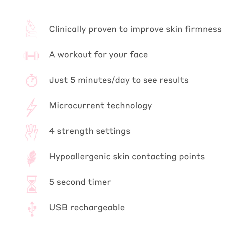 MAGNITONE LiftOff is clinically proven to improve skin firmness, it's a workout for your face, just 5 minutes per day to see results, uses microcurrent technology, has 4 strength settings, has hypoallergenic skin contacting points, a 5 second timer and is USB rechargeable 