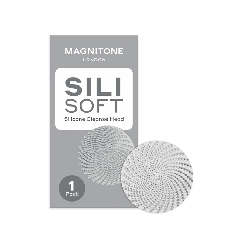 MAGNITONE SILISOFT® SILICONE CLEANSE HEAD WITH BOX ON WHITE BACKGROUND