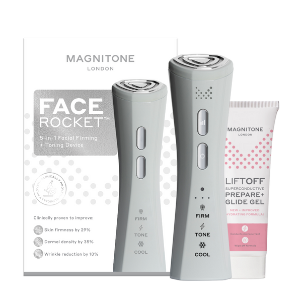 MAGNITONE FaceRocket 5-in-1 Facial Firming + Toning Device | with box and LiftOff prepare + glide gel (no background)