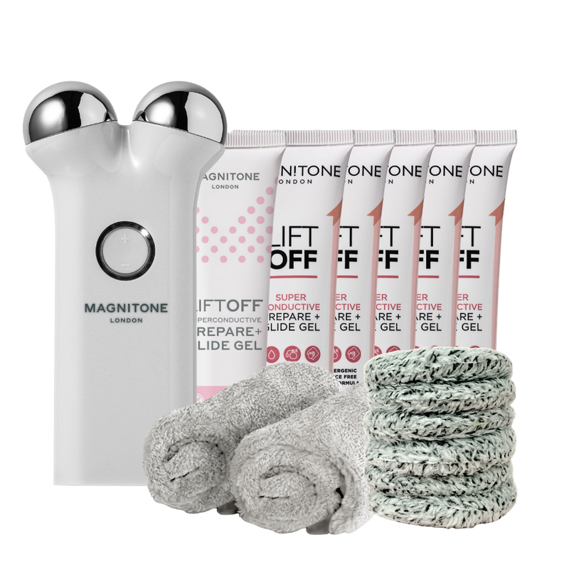 MAGNITONE London LiftOff Microcurrent Facial Toning Device Full Launch Starter Kit Website Exclusive (Grey) includes 6 month's worth of Superconductive Gel, WipeOut Bamboo Microfibre Cleansing Cloths and Cleansing Pads