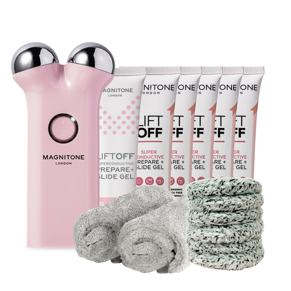 MAGNITONE London LiftOff Microcurrent Facial Toning Device Full Launch Starter Kit Website Exclusive (Pink) includes 6 month's worth of Superconductive Gel, WipeOut Bamboo Microfibre Cleansing Cloths and Cleansing Pads
