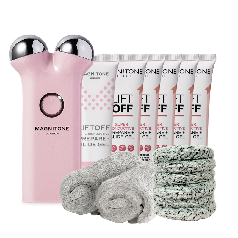 MAGNITONE London LiftOff Microcurrent Facial Toning Device Full Launch Starter Kit Website Exclusive (Pink) includes 6 month's worth of Superconductive Gel, WipeOut Bamboo Microfibre Cleansing Cloths and Cleansing Pads - white background