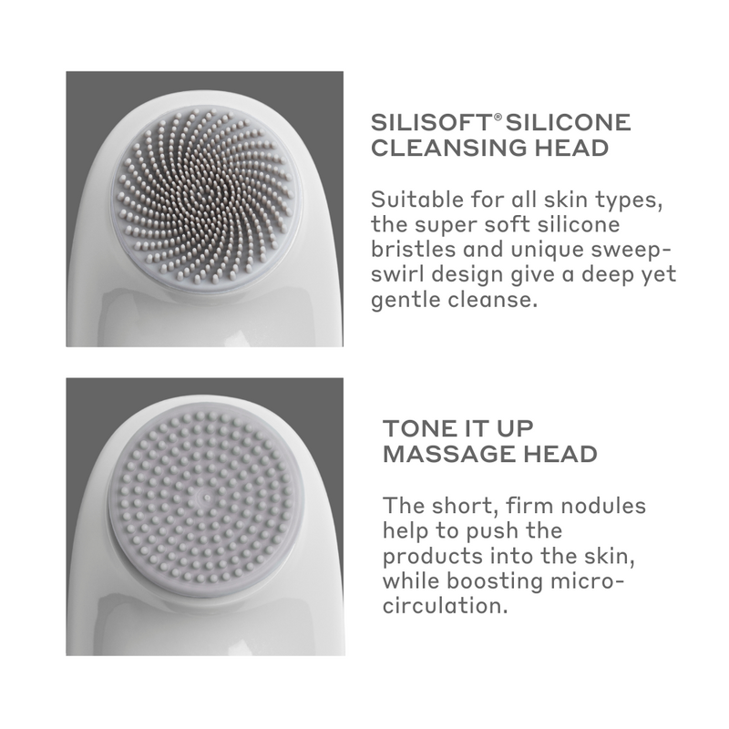 MAGNITONE BareFaced3 Vibra-Sonic Cleanse + Massage Brush brush heads - SiliSoft Cleansing Head and ToneItUp Massage Head