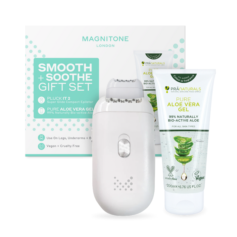 MAGNITONE Pluck It 2 Smooth + Soothe Duo Gift Set with Box | Super Glide Epilator + PraNaturals Aloe Vera Gel - Highly Commended in the Global Green Beauty Awards 2022