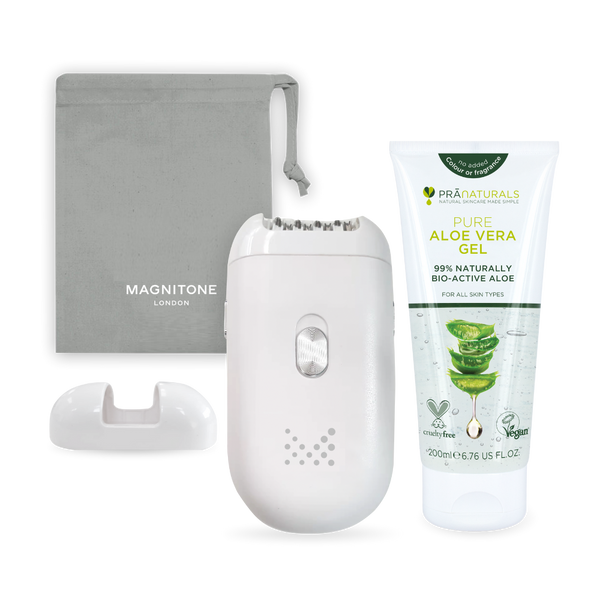 MAGNITONE Pluck It 2 Smooth + Soothe Duo | Super Glide Epilator with 2 attachments and storage pouch + PraNaturals Aloe Vera Gel - Highly Commended in the Global Green Beauty Awards 2022