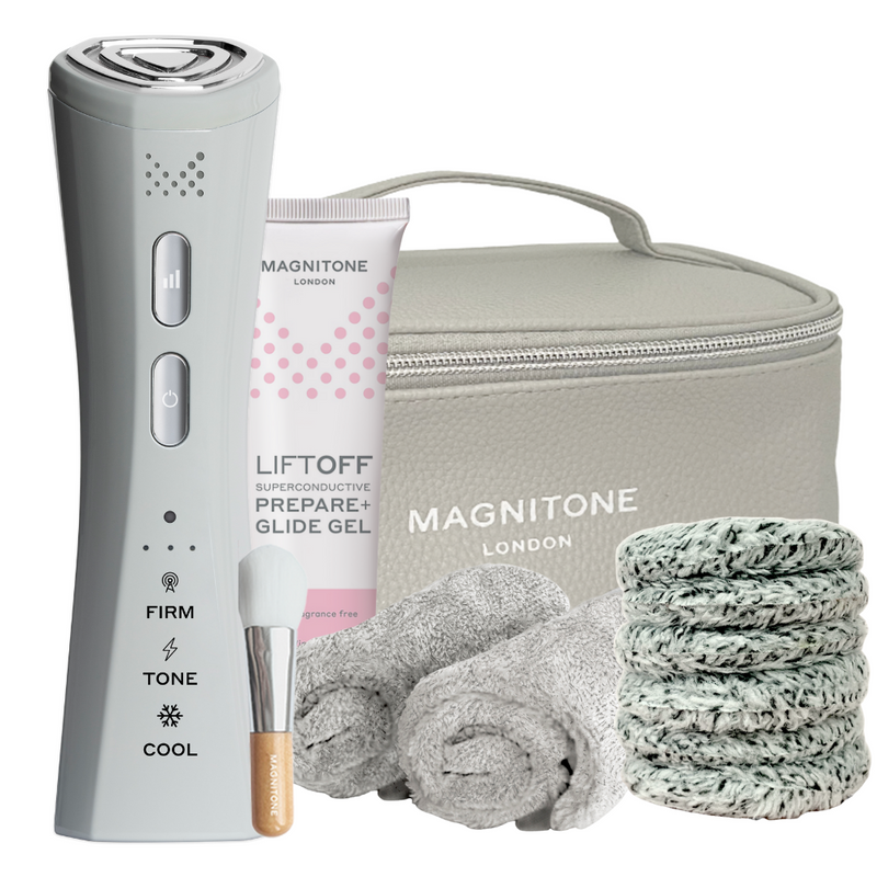 MAGNITONE FaceRocket Firm + Tone Collection | Website Exclusive Bundle | Includes MAGNITONE FaceRocket, 60ml Superconductive Gel, Zip It Deluxe Wash Bag, Glide Gel Applicator Brush, WipeOut Bamboo MakeUp Remover Duo | White Background
