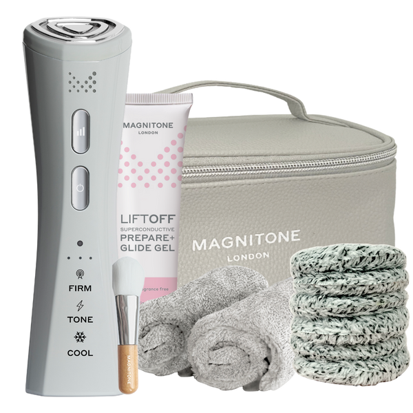 MAGNITONE FaceRocket Firm + Tone Collection | Website Exclusive Bundle | Includes MAGNITONE FaceRocket, 60ml Superconductive Gel, Zip It Deluxe Wash Bag, Glide Gel Applicator Brush, WipeOut Bamboo MakeUp Remover Duo | No Background