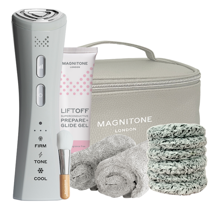 MAGNITONE FaceRocket Firm + Tone Collection | Website Exclusive Bundle | Includes MAGNITONE FaceRocket, 60ml Superconductive Gel, Zip It Deluxe Wash Bag, Glide Gel Applicator Brush, WipeOut Bamboo MakeUp Remover Duo | No Background