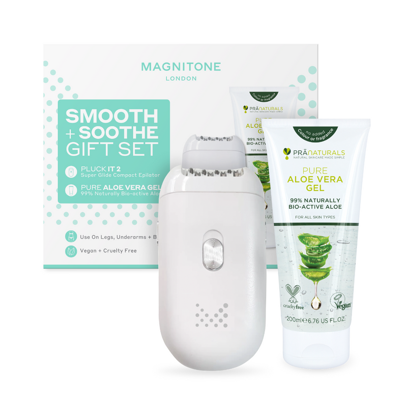 MAGNITONE Pluck It 2 Smooth + Soothe Duo Gift Set with Box | Super Glide Epilator + PraNaturals Aloe Vera Gel - Highly Commended in the Global Green Beauty Awards 2022