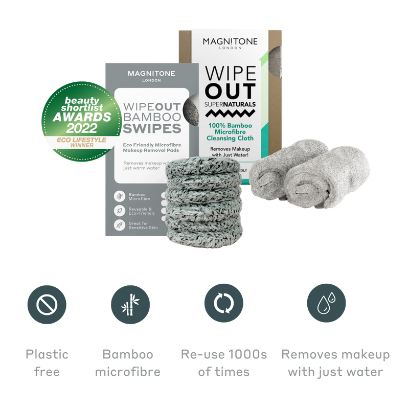MAGNITONE WipeOut Bamboo Cloths and SWIPES remove makeup with just warm water, can be re-used thousands of times and are plastic free.