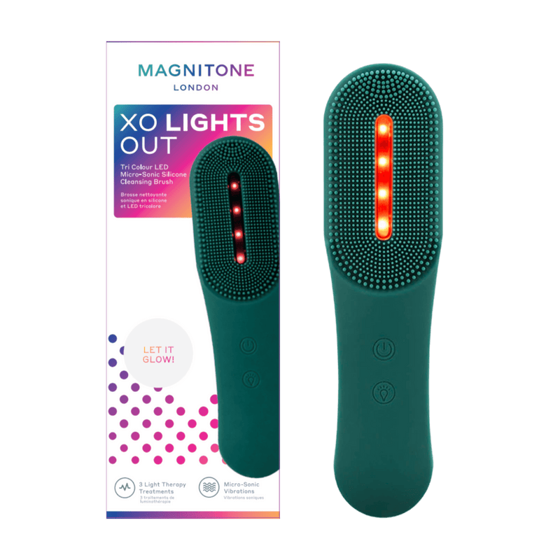 MAGNITONE XO Lights Out LED Tri Colour Micro Sonic Silicone Cleansing Brush + box | Red Light no background