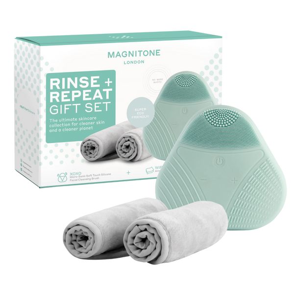 MAGNITONE Rinse + Repeat Gift Set | XOXO Micro Sonic Silicone Cleansing Brush + WipeOut Microfibre Cleansing Cloths with box | No Background