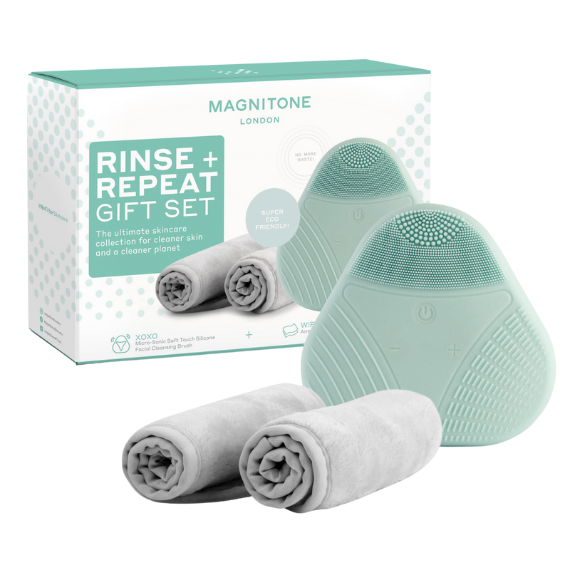 MAGNITONE Rinse + Repeat Gift Set | XOXO Micro Sonic Silicone Cleansing Brush + WipeOut Microfibre Cleansing Cloths with box | No Background