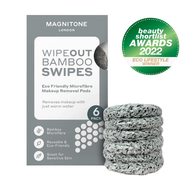 MAGNITONE London WipeOut Bamboo Swipes Eco Friendly Bamboo Microfibre Makeup Remover Pads no background with box beauty shortlist eco lifestyle winner 2022