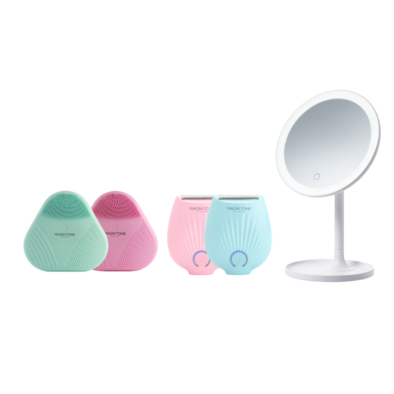 MAGNITONE XOXO in pink and aqua, Go Bare in pink and aqua and LightUp mirror