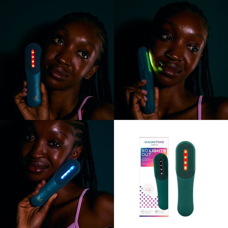 MAGNITONE  XO Lights Out Tri Colour LED Cleansing Brush showing different colours - red light, blue light + yellow light.