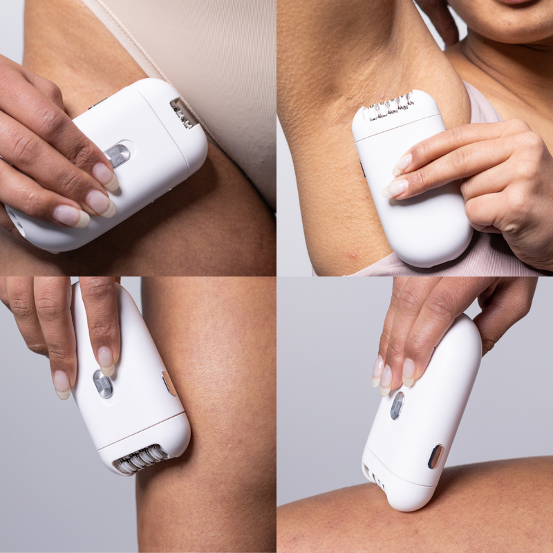 MAGNITONE London Pluck It 2 Super Glide Compact Epilator being used on a leg, armpit and bikini line