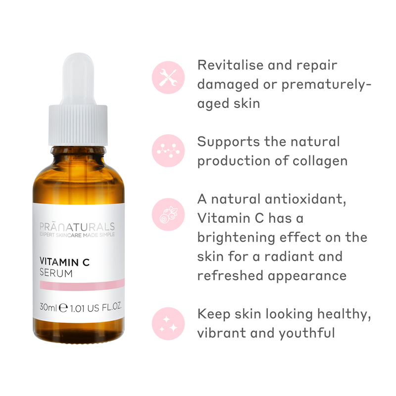 PraNaturals Vitamin C Serum 30ml | Benefits - Revitalise and repair damaged or prematurely-aged skin  Supports the natural production of collagen  A natural antioxidant, Vitamin C has a brightening effect on the skin for a radiant and refreshed appearance  Keep skin looking healthy, vibrant and youthful