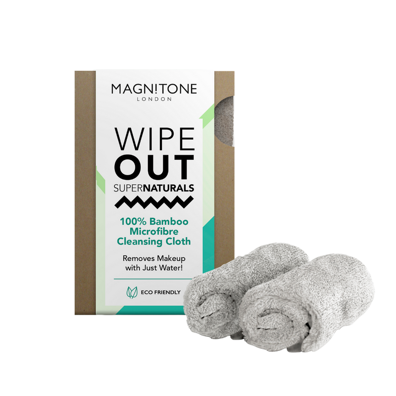 Magnitone Grey WipeOut SuperNaturals 100% Bamboo Microfibre Cleansing Cloth Eco friendly pack of 2 next to box