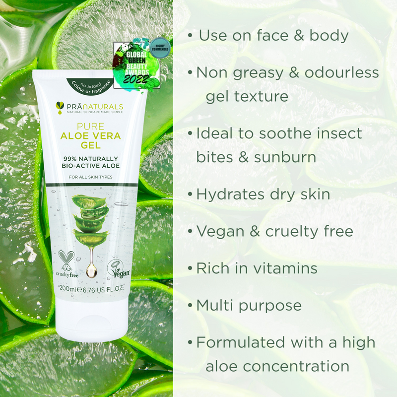 PraNaturals Aloe Vera Gel - Highly Commended in the Global Green Beauty Awards 2022 | Use on face + body, bon greasy + odourless, hydrates dry skin, Vegan + Cruelty free, rich in vitamins, high aloe concentration