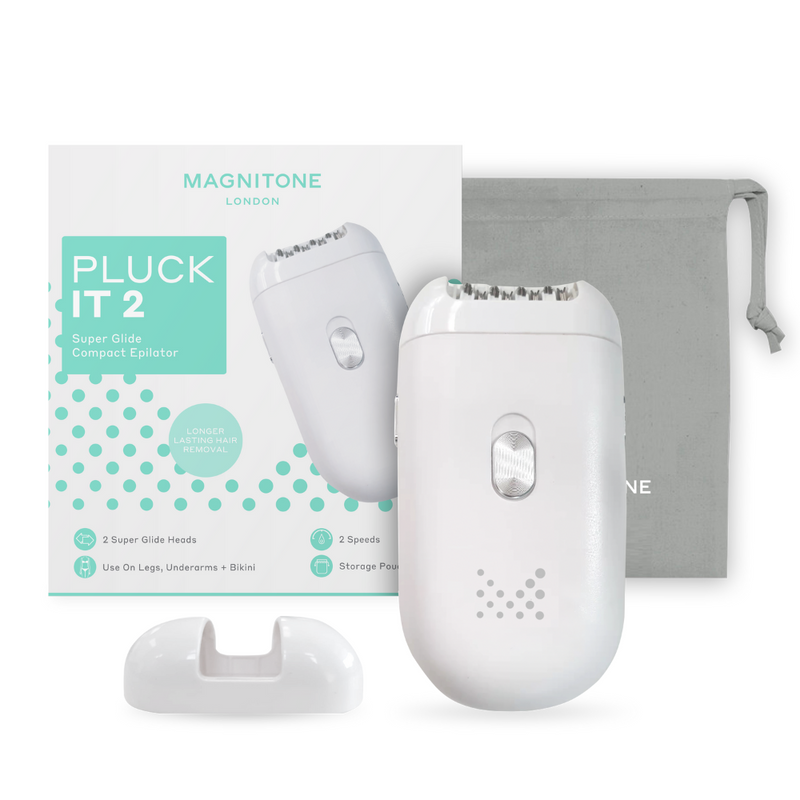 MAGNITONE London Pluck It 2 Super Glide Compact Epilator with box, precision head and storage pouch on white background