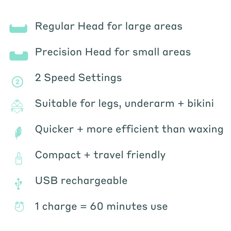 MAGNITONE Pluck It 2 Features - Regular head for large ares, Precision head for small areas, 2 Speed Settings, Suitable for legs, underarms + bikini, Quicker + more efficient than waxing, compact + travel friendly, USB rechargeable, 1 charge = 60 minutes.