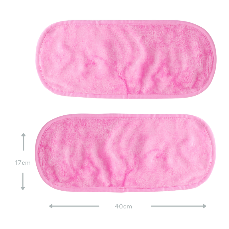 Magnitone pink WipeOut microfibre cloth laid out to showcase the size of the product. 17cm x 4cm