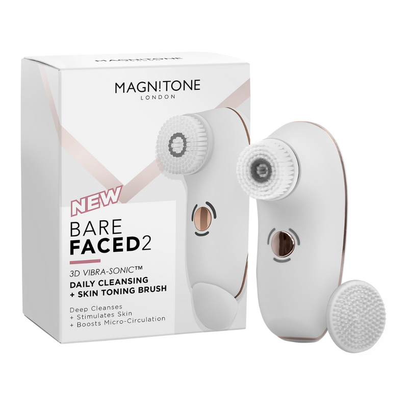 MAGNITONE BareFaced2 Vibra-Sonic Cleansing Brush - White/Sensitive with box. White Background.