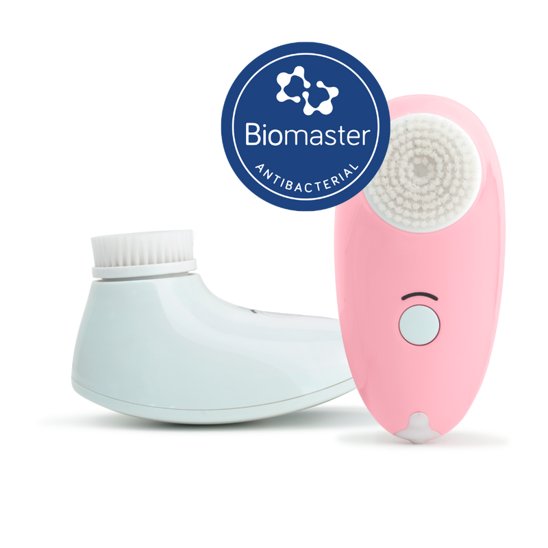 Close up of Magnitone pink FirstStep Cleansing Brush with Biomaster Antibacterial Protection