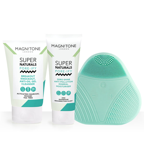 SuperNaturals cleaning gel, zero-shine moisturiser and aqua XOXO silicone cleansing brush