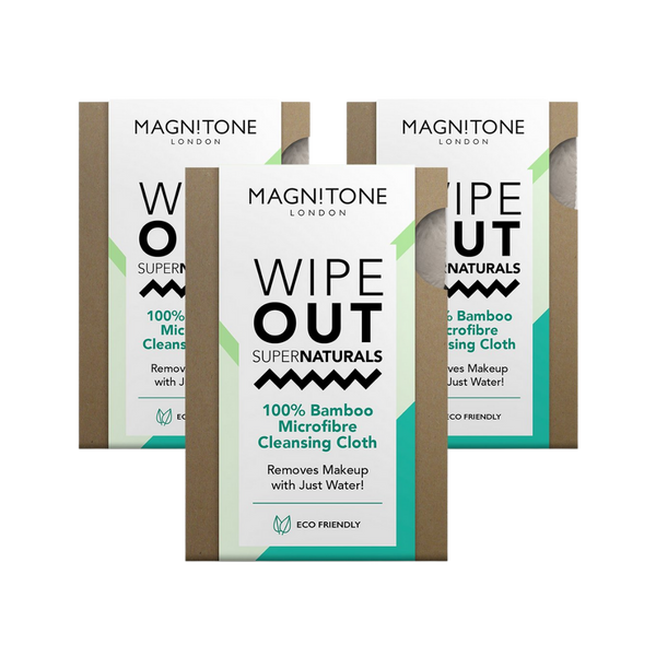 Magnitone Grey WipeOut SuperNaturals 100% Bamboo Microfibre Cleansing Cloth Eco friendly pack of 2 next to box