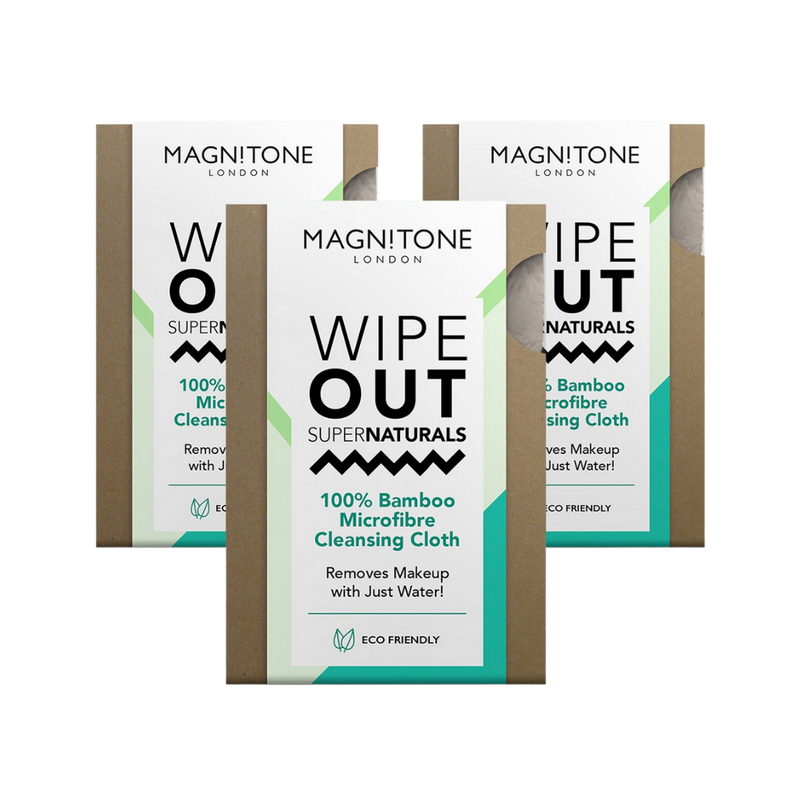 Magnitone Grey WipeOut SuperNaturals 100% Bamboo Microfibre Cleansing Cloth Eco friendly pack of 2 next to box