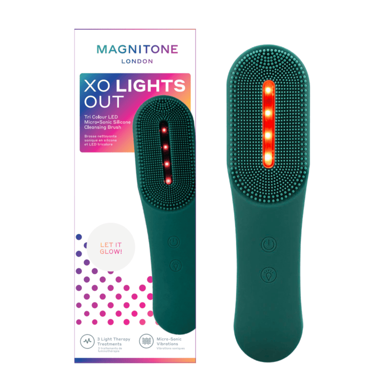 MAGNITONE XO Lights Out LED Tri Colour Micro Sonic Silicone Cleansing Brush + box | Red Light white background