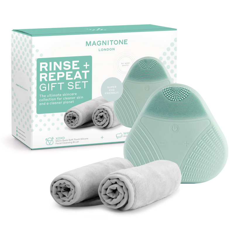 MAGNITONE Rinse + Repeat Gift Set | XOXO Micro Sonic Silicone Cleansing Brush + WipeOut Microfibre Cleansing Cloths with box | White Background